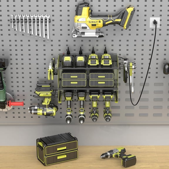 Wall Mount Drill Storage Rack with Charging Station for Garage Workshop - 3 Layer Tool Organizer Holds 4 Drills
