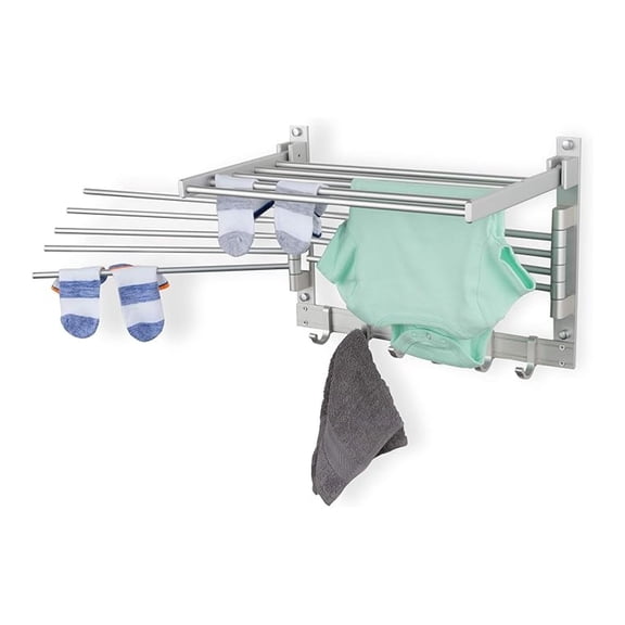 Wall Mount Drying Rack - Laundry Room Organizer with 8 Arms, 17 Inch Metal Clothes Rack Silver