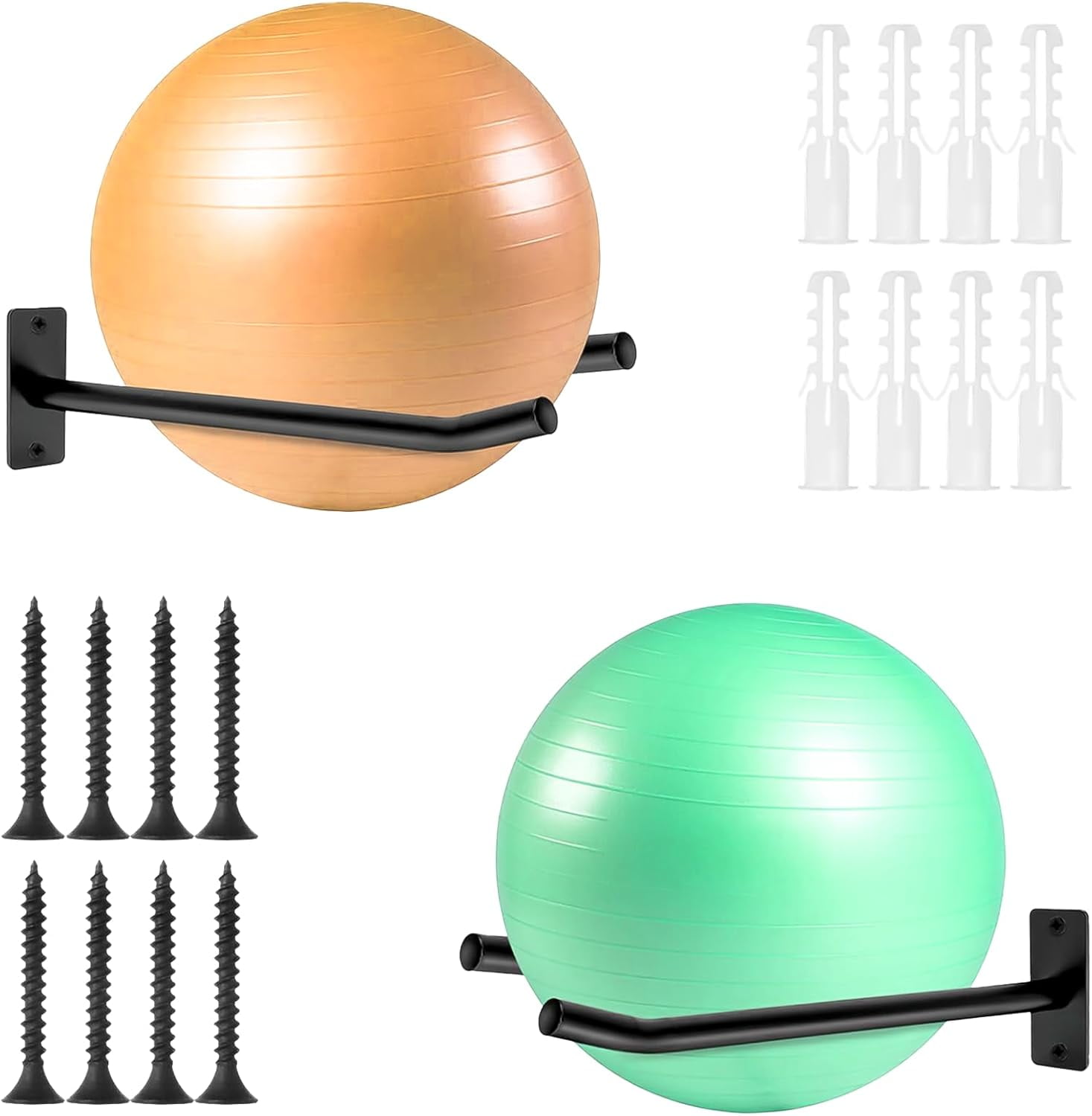 Wall Mount Exercise Ball Holder, Metal Yoga Ball Holder, Heavy Duty Medicine Ball Rack, Stability Ball Storage Rack for Gym, Garage, Home, 2 Pack