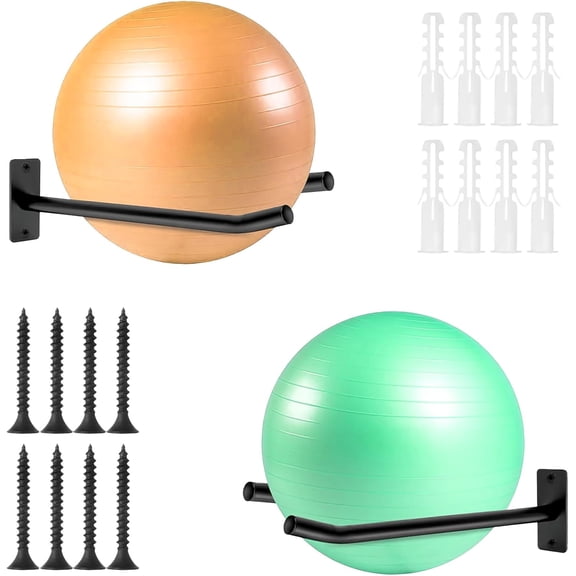 Wall Mount Exercise Ball Holder, Metal Yoga Ball Holder, Heavy Duty Medicine Ball Rack, Stability Ball Storage Rack for Gym, Garage, Home, 2 Pack