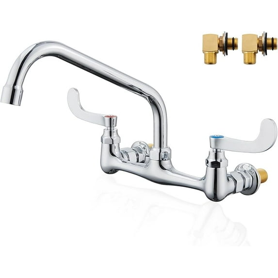 Wall Mount Faucet 8 Inch Center Commercial Kitchen Faucet, 12 Inches Swivel Spout Wall-Mount Utility Sink Faucets, 2 Handle Wall Mounted Faucets for Kitchen Laundry Room Restaurant