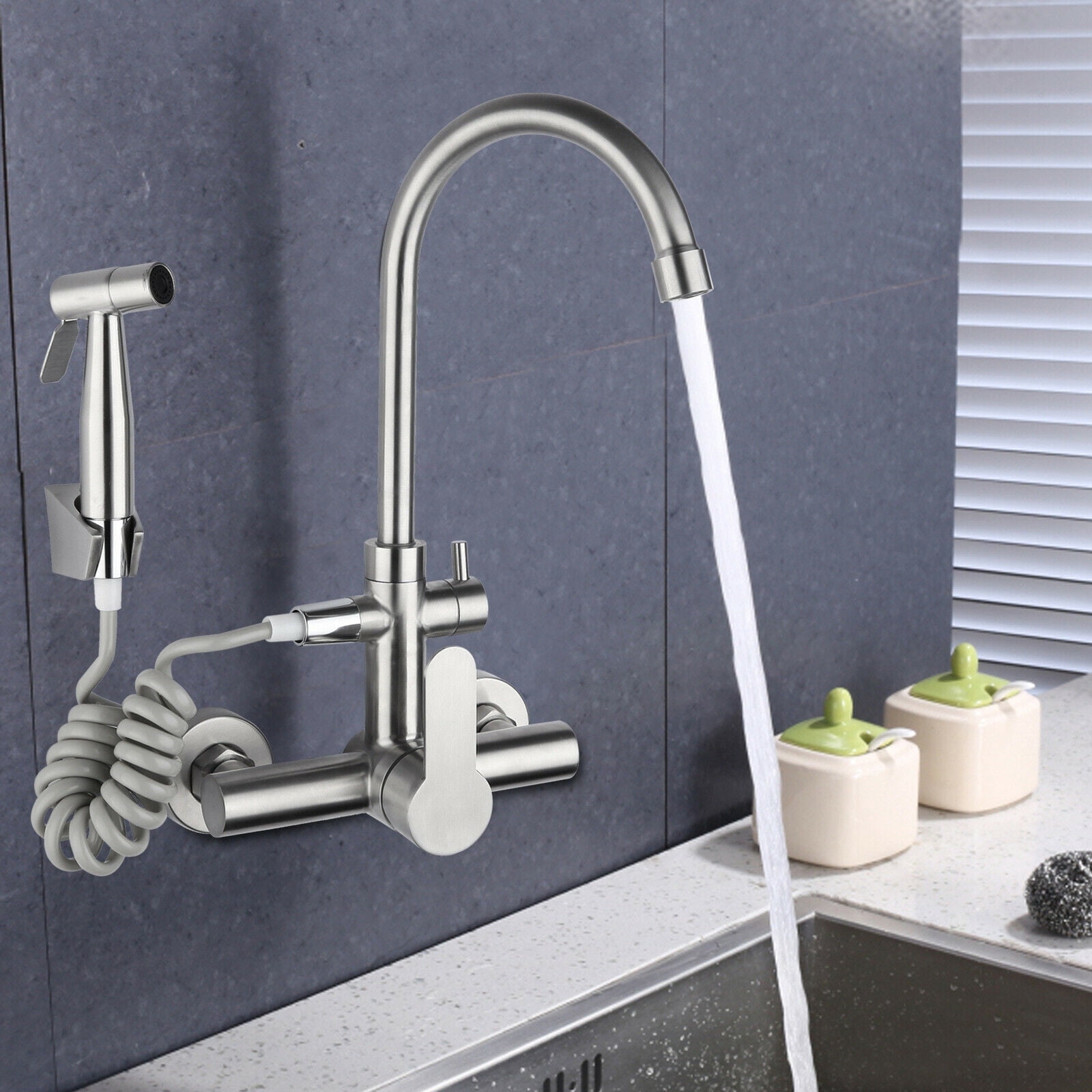 Wall Mount Faucet Stainless Steel Kitchen Faucet Mixer Sink Tap with Spray