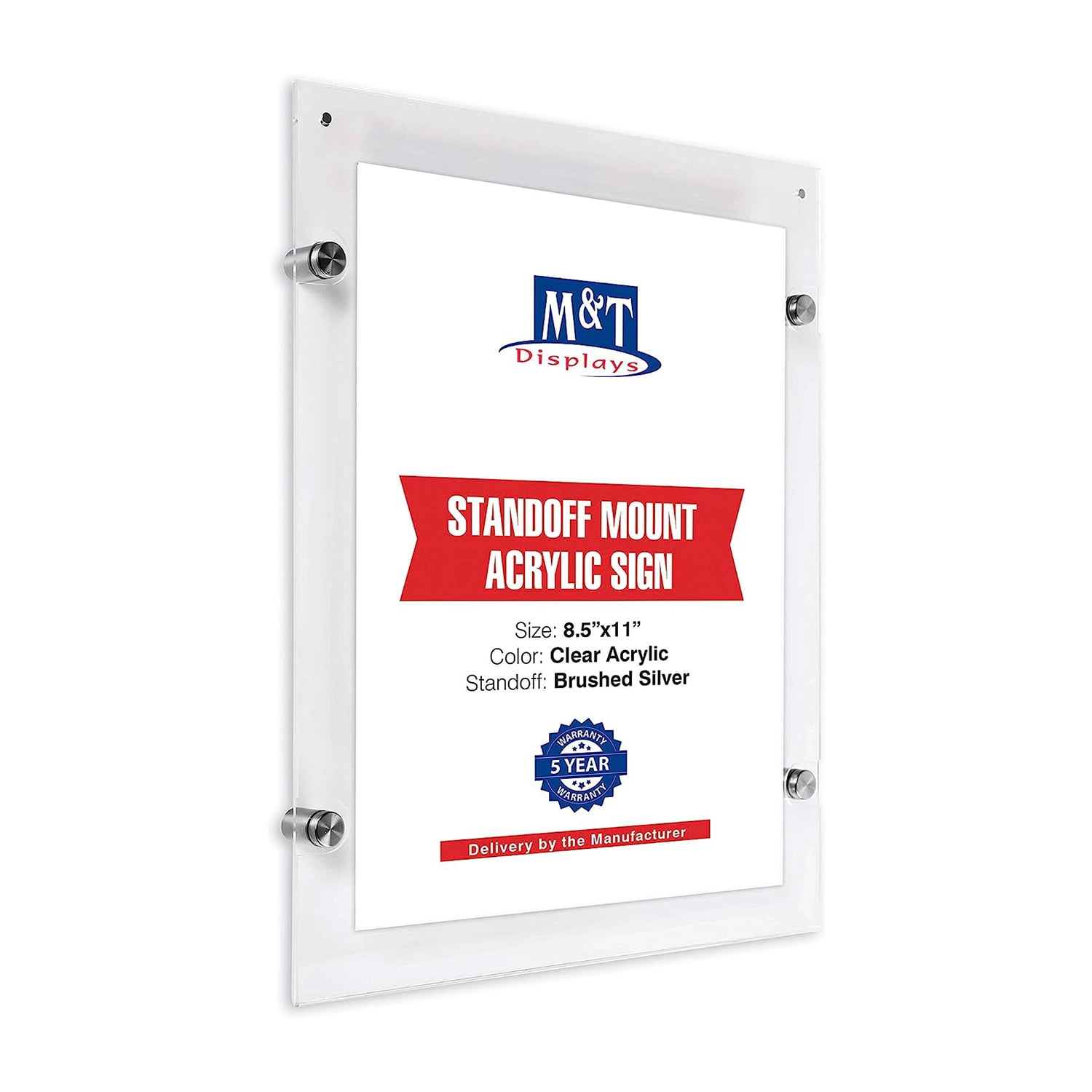 Wall Mount Clear Acrylic Floating Picture Frame with Brushed Silver Standoff Hardware