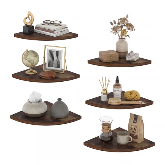 Wall Mount Floating Corner Shelf Set of 6, Minimalist Wood Shelves for Bedroom, Living Room, Bathroom