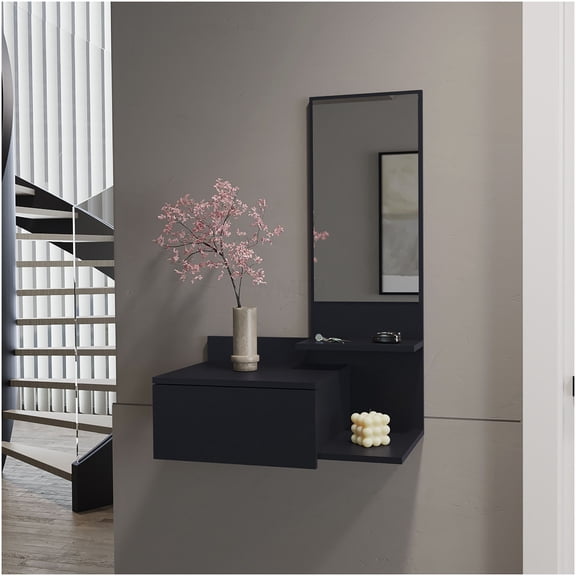 Wall Mount Floating Hallway Cabinet with Mirror and Drawer, Black Engineered Wood Entryway Storage Organizer