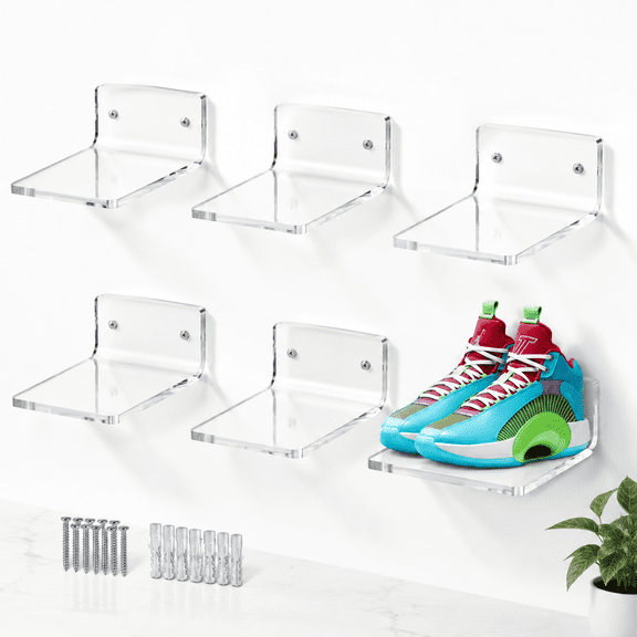 Wall Mount Floating Shoe Display Shelves Set of 6, Clear for Sneaker Collection