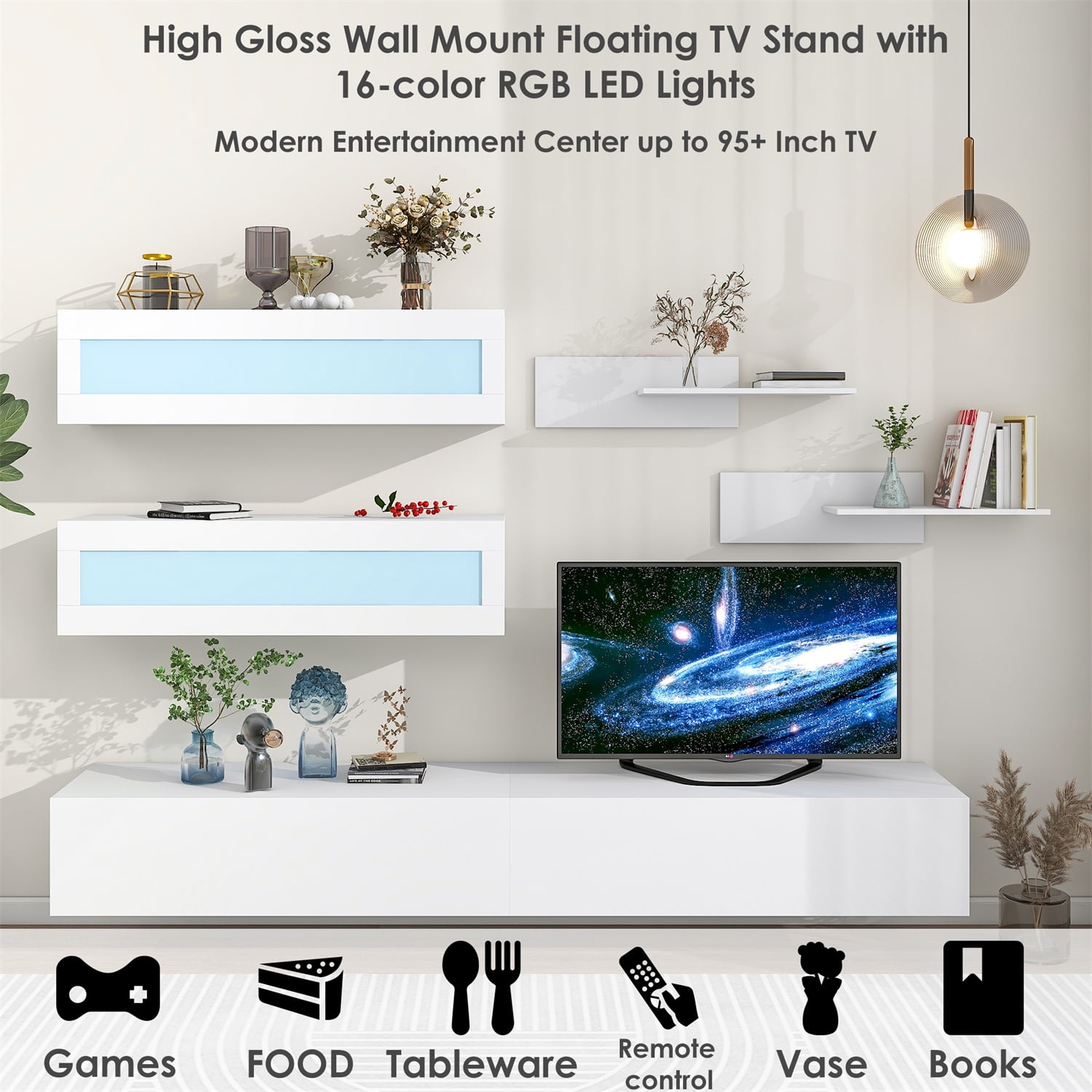 Wall Mount Floating TV Stand for 95+ Inch TV with 16 Color RGB LED