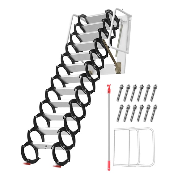 Wall Mount Folding Attic Staircase, Titanium-Magnesium Alloy, 1102 lbs Capacity, 118" H, Anti-Slip Steps, Dual Handrails, Spring Assist, for Loft, Basement