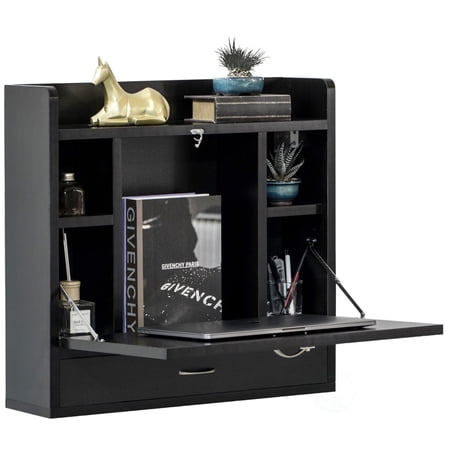 Basicwise Wall Mounted Folding Desk - Space Saving Fold Down Desk with Storage Shelves and Drawer, Convertible Floating Laptop Table for Small Spaces, Home Office, 23.75 x 6.75 x 23 in, Black