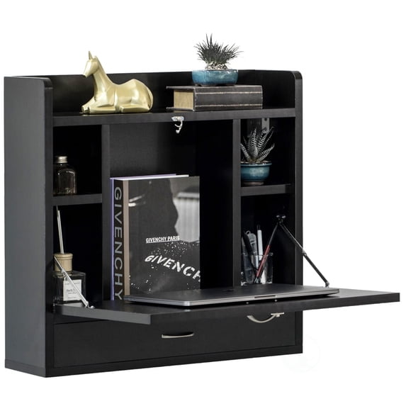 Basicwise Wall Mounted Folding Desk - Space Saving Fold Down Desk with Storage Shelves and Drawer, Convertible Floating Laptop Table for Small Spaces, Home Office, 23.75 x 6.75 x 23 in, Black