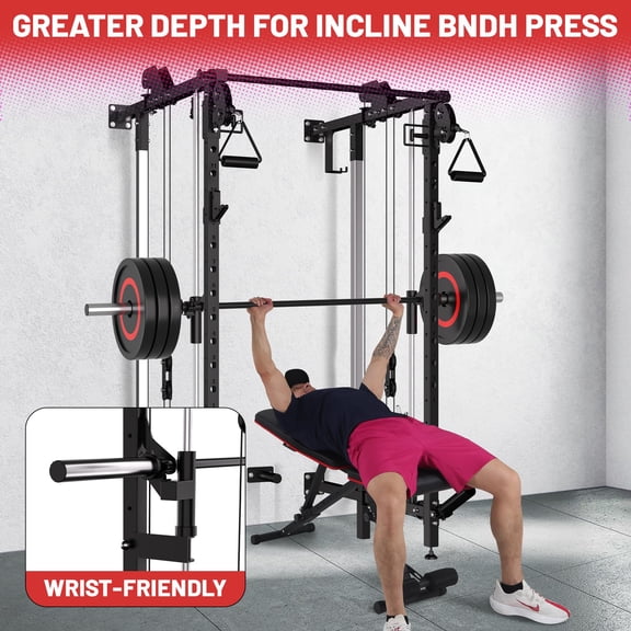 Wall-Mount Folding Smith Machine Power Rack - Independent Dual Pulley System - Squat Cage with Pull-Up Bar for Home Gym Strength Training - Color: Black