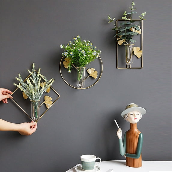 Wall Mount Glass Vase Set Iron Art Hanging Planter Decor for Living Room Restaurant Background Ginkgo Leaf Hydroponic