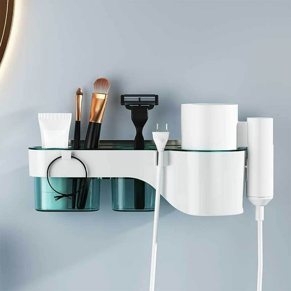 Wall Mount Hair Dryer Holder, Adhesive No Drilling Required Bathroom Organizer Shelf with 3 Storage Grids and 4 Hooks for Blow Dryer Accessories