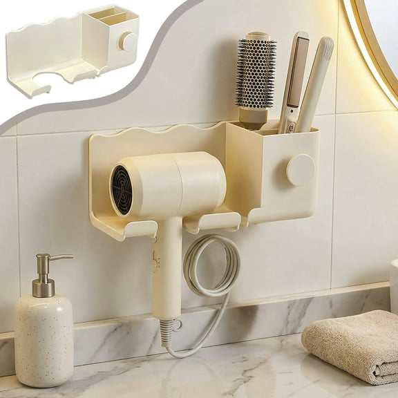 Wall Mount Hair Tool Organizer - 9.05"x3.74" No Drill Bathroom Holder, Adhesive Storage Basket for Hairs Dryer Straightener Brushes, Rustproof Cabinet Door Organizer