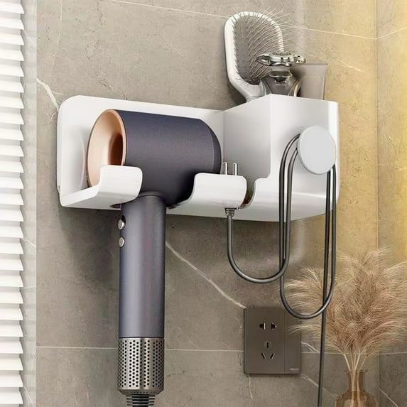 Wall Mount Hair Tool Organizer for Bathroom | No Drill ABS Holder for & Styling Tools | Self- Storage Basket with Screws | White 9.25x3.74x3.46 inch | Waterproof Space Saver