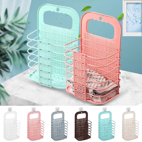 Wall Mount Hamper Foldable Laundry Basket, Adhesive Hooks No-drill Installation for Bathroom and Bedroom, Ventilated Plastic Storage Bin with Ergonomic Handle, Topliu
