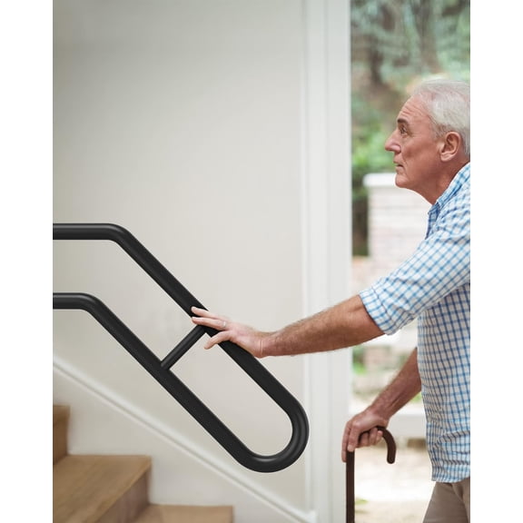 Wall Mount Handrail, Outdoor Grab Bar - 25.8" Bent Black Handrail (2-Pack) for Garage, Porch, Garden Stairs