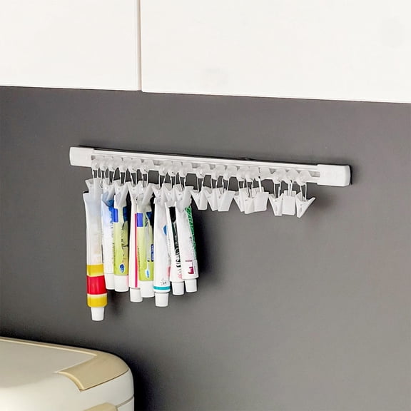 Wall Mount Hanger Rack No Drill | 20 Clips Sliding Storage Organizer | Plastic | White | 30x1.5cm | Space-Saving Bathroom Kitchen Bedroom Cabinet Door | Easy Install, Lightweight, Multipurpose Tidy