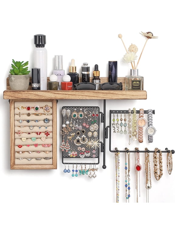 Wall Mount Hanging Jewelry Organizer with Rustic Wood Shelf, Rotating Necklace Holder and Ring Display Box, Earring Stud Holder for Closet or Vanity