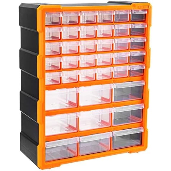 Wall Mount Hardware and Craft Storage Cabinet Organizer with 39 Drawers, Plastic Garage Organization System with Dividers for Small Parts, Black, Orange, 15" x 6.3" x 18.6"