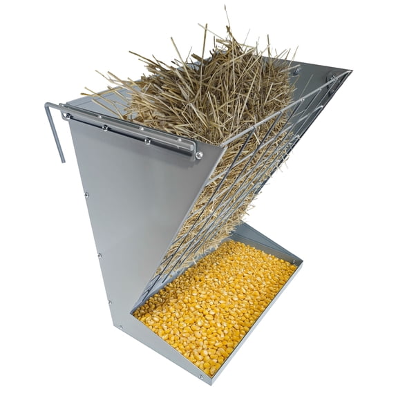 Wall Mount Hay RackHeavy-Duty Galvanized 2 in 1 and Grain Feeder Livestock Feeder with Silver