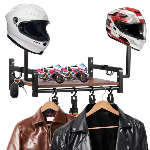 Wall Mount Helmet Rack Motorcycle Helmet Holder with 4 Clips 2 Hooks, Display Organizer for Motorcycle Gear Accessories Storage
