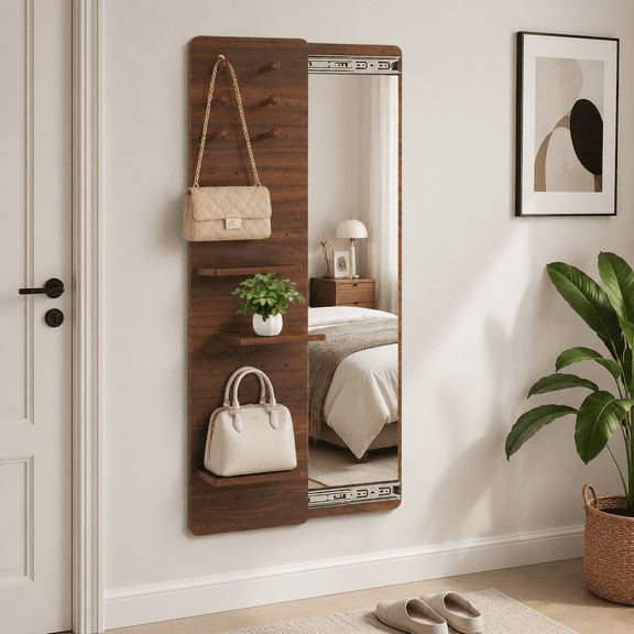 Wall Mount Hide FullLength Mirror with Slide Rail, Rectangular Glass Mirror with Pegboard Shelves & Hooks, Walnut Density Board Framed Mirror for Bedroom Living Room