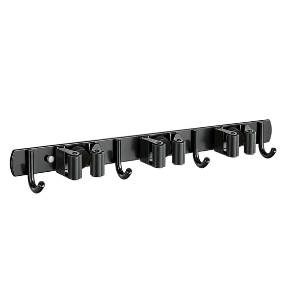 Wall Mount Holder with 3 Racks And 4 Hooks, Stainless Steel Mop And Broom Organizer, Adhesive Or Screw Mounted Storage for Garage, Kitchen, Laundry, Closet