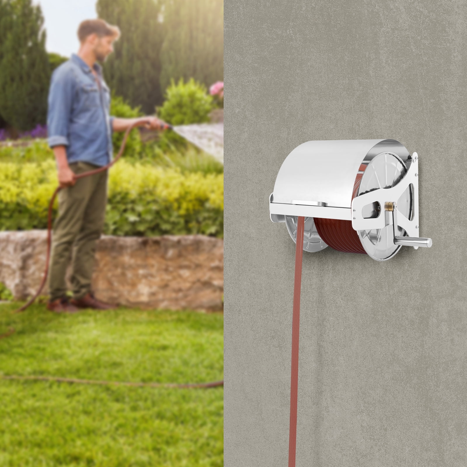 Wall Mount Hose Reel, Holds 164.04ft Garden Hose, 360° Swivel Nozzle, Stainless Steel & Brass, for Yard, Car Wash