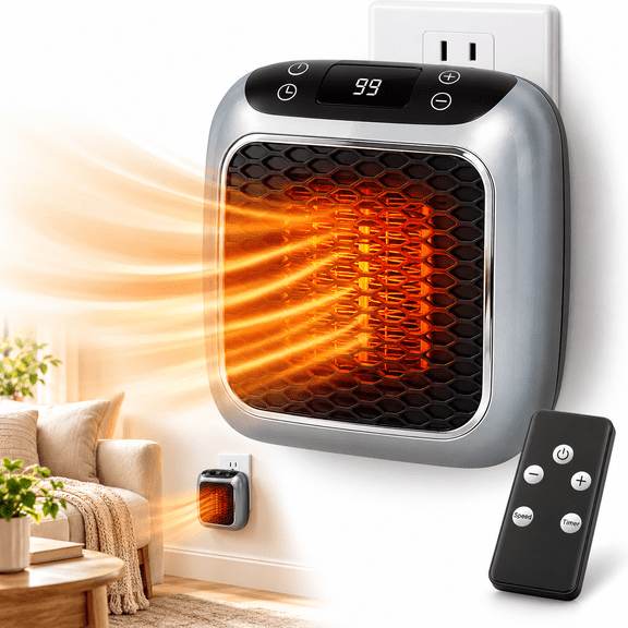 Wall-Mount Indoor Mini Space Heater with Remote, Personal Electric Ceramic Space Heater, 800 Watts.Grey