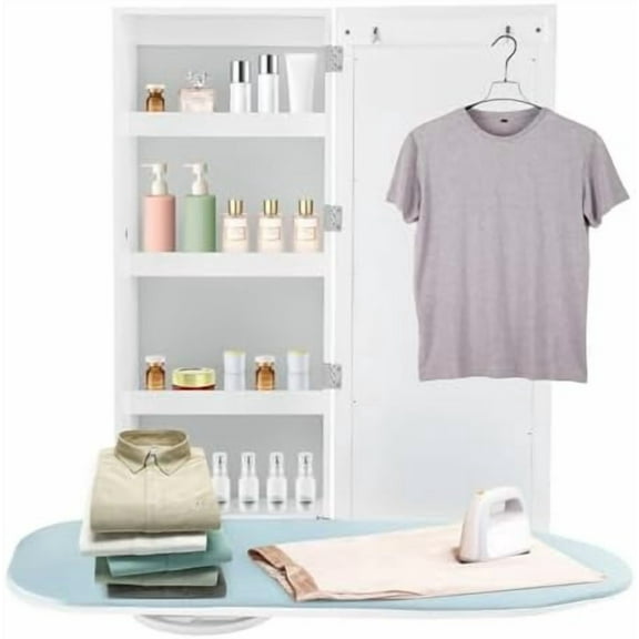 Wall Mount Ironing Board Cabinet, Built-in Swivel Ironing Board Foldable with Storage, Wall Hanging with Mirror, Foldable Iron Storage Station for Home, Apartment, Checkrooms, White