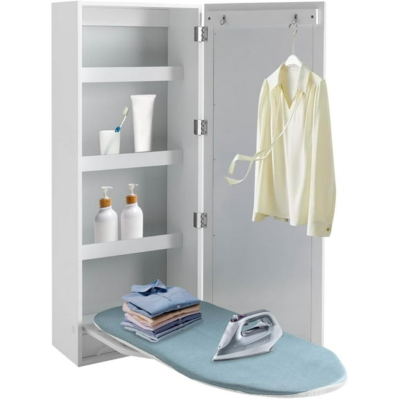 Wall Mount Ironing Board Cabinet, Built-in Swivel Ironing Board Foldable with Storage, Wall Hanging with Mirror, Foldable Iron Storage Station for Home, Apartment, Checkrooms, White