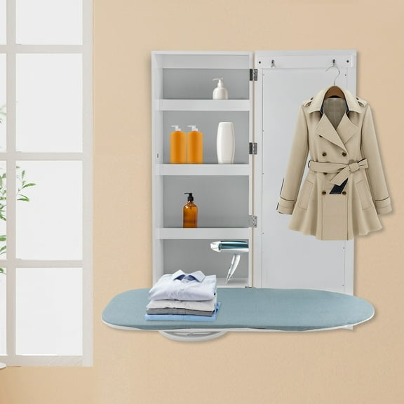 Wall Mount Ironing Board Cabinet, Built-in Swivel Ironing Board Foldable with Storage, Wall Hanging with Mirror, White for Edrooms, Checkrooms, Small Houses, Sewing Rooms, Bedrooms