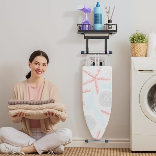 Wall Mount Ironing Board & Iron Holder with Storage Basket – Metal Laundry Room Organizer with Black Wooden Base