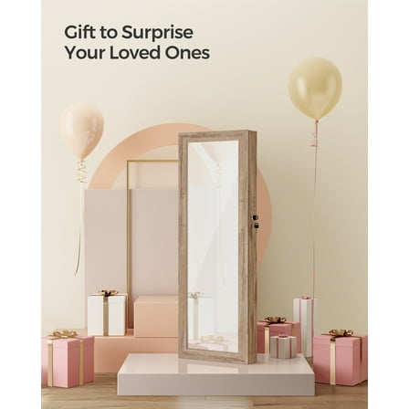 Wall Mount Jewelry Cabinet with LED Lights and Full Mirror, 47.2 Inch Lockable Armoire Organizer with 2 Drawers, Toasted Oak