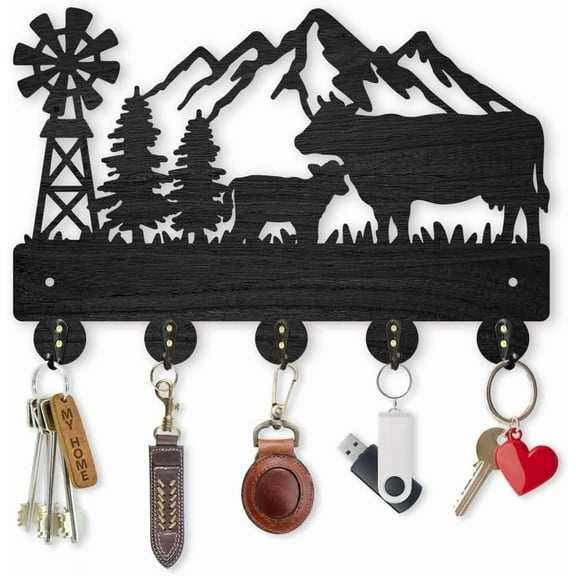 Wall Mount Key Holder Farmhouse Cow Design 11.8x7.9 inch 5 Alloy Hooks Black Mountain Tree Decor for diy