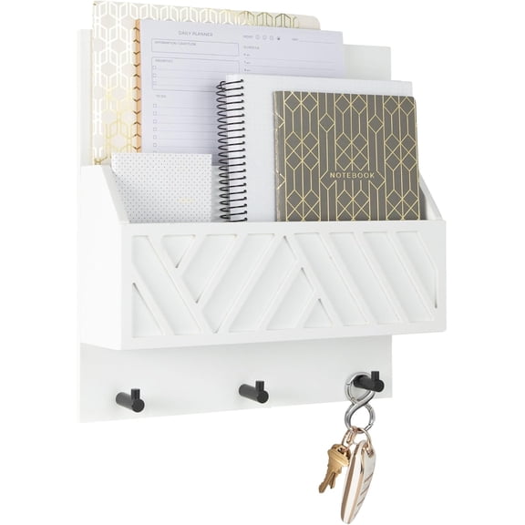 | Wall Mount Key Holder with Mail Organizer | Wooden Command Center with 3 Hooks and 2-Tier Letter Pockets | Entryway Mail Sorter & Key Rack | White Geometric Wall Organizer for Office Home