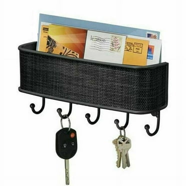 Wall Mount Key Holder, Mail Sorter Key Rack, Self-Adhesive Entryway Storage Organizer Mail Basket with 5 Key Hooks , Storage for Home Office Entryway, Living Room Kitchen Bathroom Door