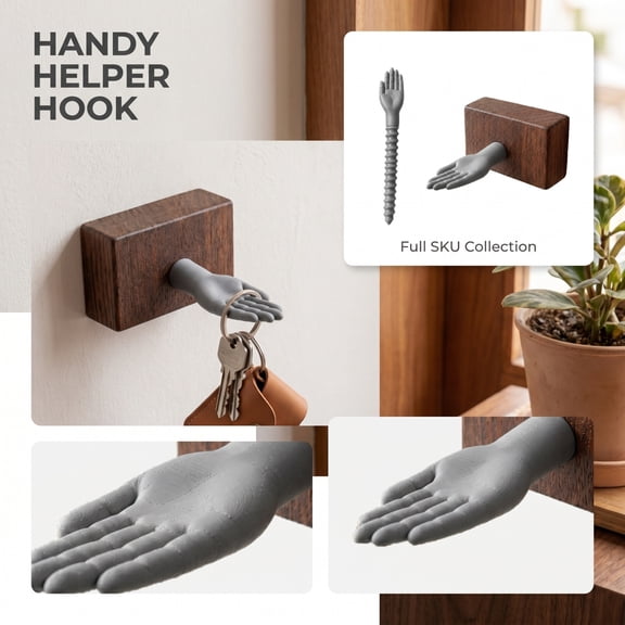 Wall Mount Key Holder, Sturdy Load-Bearing Hanging Hand, Adhesive Key Holder for Wall, No Drill Entryway Organizer Gift, Premium Wood Block + 3D Printed Pla Hand, 4.5X2.5X1.5 In,