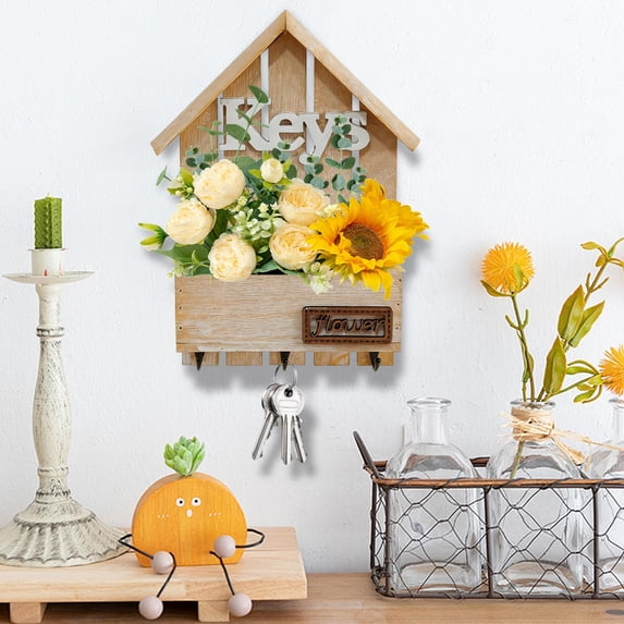 Wall Mount Key Holder with Hooks Wood and Iron Entryway Organizer for Keys Mail Small Space Saving Home Foyer Decor(Yellow)