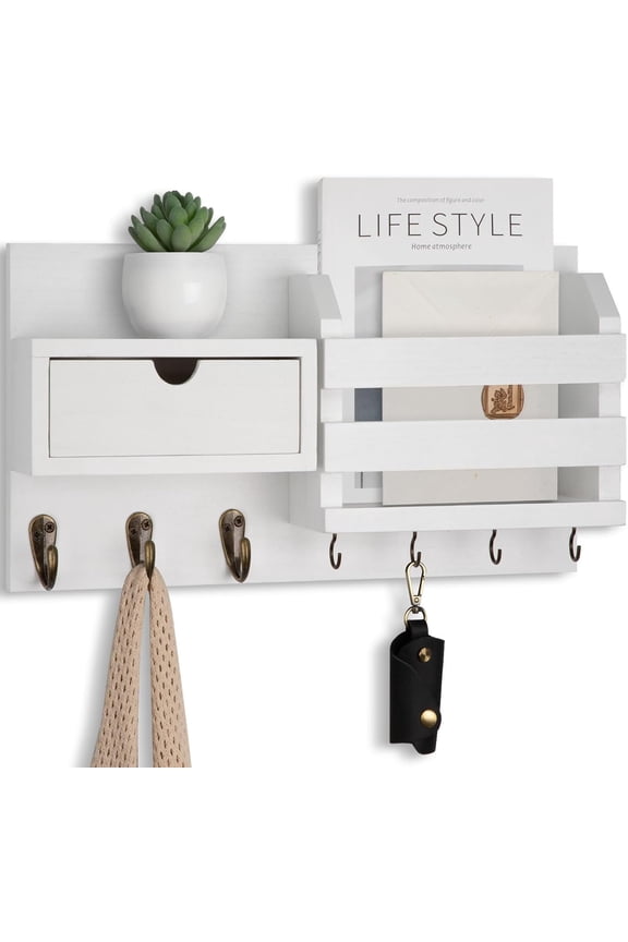 Wall Mount Key Holder with Mail Organizer, 100% Paulownia Wood, 7 Metal Hooks, Storage Drawer, Entryway Home Decor (White)