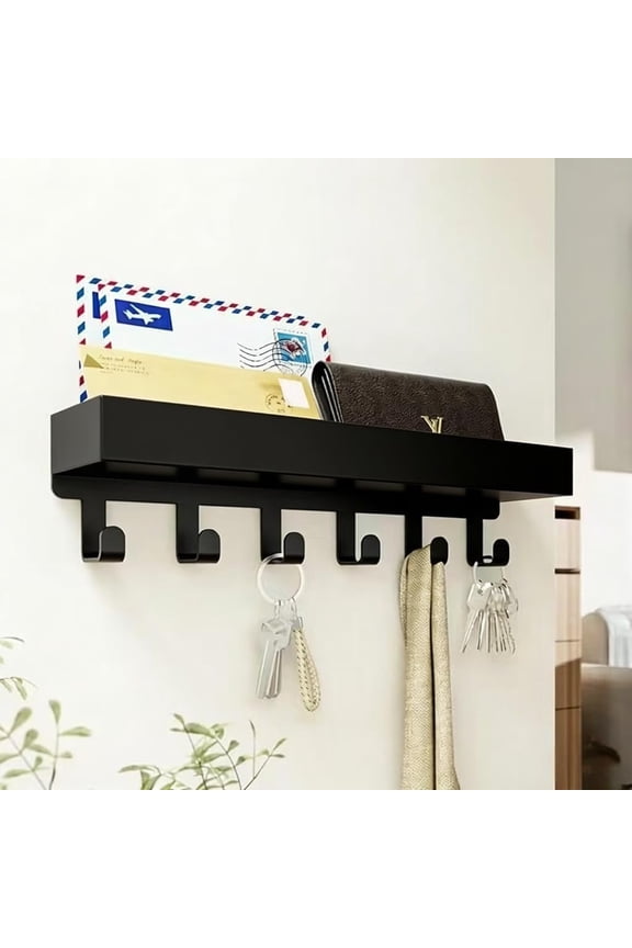Wall Mount Key Holder with Shelf - Decorative Mail Organizer and Hooks for Entryway, Paulownia Wood Mounting Hardware (9.64W x 2.36H 2.75L)
