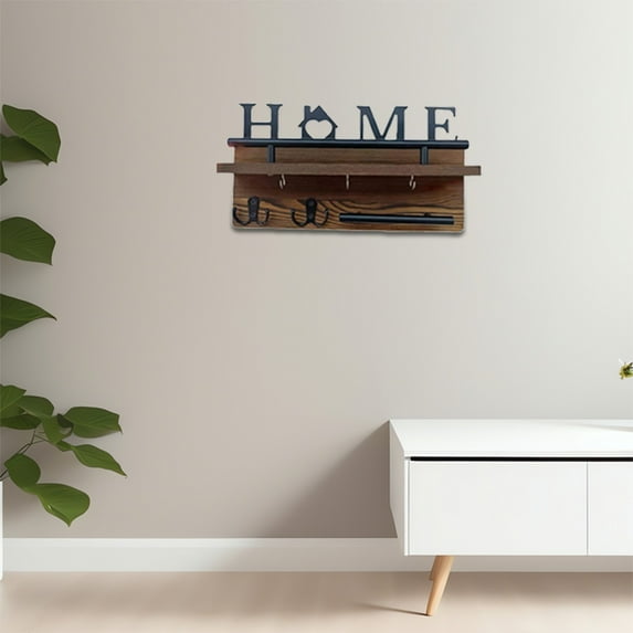 Wall Mount Key Hooks Organizer | Entryway Hooks Rack | Natural Wood & Iron Key Hanger | Space-Saving Foyer Decor | Multiple Hooks for Key Storage | Brown | 15.94x9.05x3.93 in