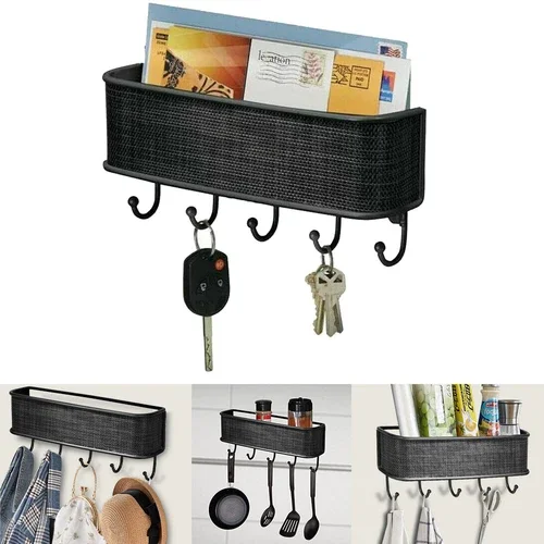 Wall Mount Key Rack Hanger Holder 5 Hook Chain Storage Keys Organizer Home Black