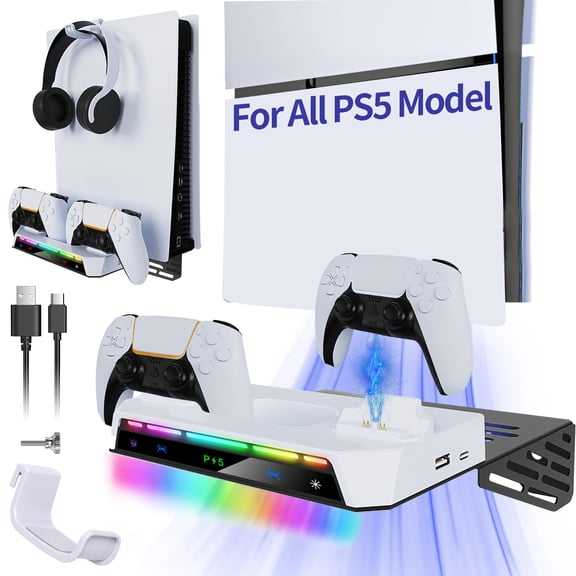 Wall Mount Charging Station Kit Compatible with PlayStation 5/Slim/Pro Disc & Digital Version, Dual Use Charging Station with Multi-Mode RGB Light-White