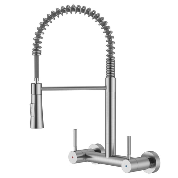 Wall Mount Kitchen Faucet 2 Handles, 8 Inch Center Wall Commercial Utility Sink Faucet with Pull Out Sprayer 2 Modes, Stainless Steel, Brushed Nickel