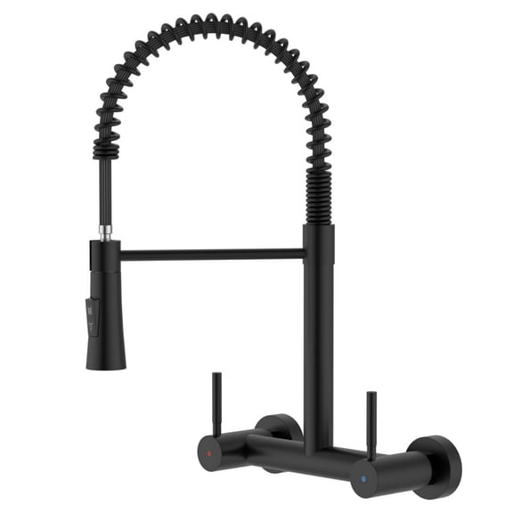 Wall Mount Kitchen Faucet 2 Handles, 8 Inch Center Wall Commercial Utility Sink Faucet with Pull Out Sprayer 2 Modes, Stainless Steel, Matte Black