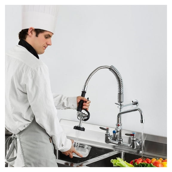 Wall Mount Kitchen Faucet, 21" Brass Pre-Rinse Faucet with Pull Down Sprayer, 8" Deck Plate, Commercial Style Single Handle Faucet for Kitchen Sink