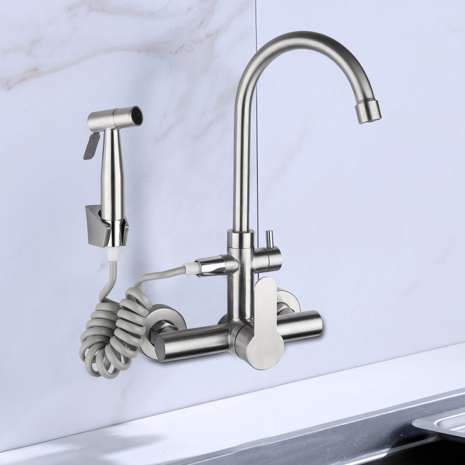Wall Mount Kitchen Faucet 360 Swivel Stainless 2Hole Sink Tap W/ Bidet Sprayer for Homes, Restaurants
