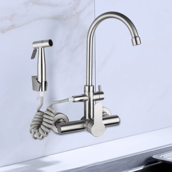 Wall Mount Kitchen Faucet 360 Swivel Stainless 2Hole Sink Tap W/ Bidet Sprayer for Homes, Restaurants